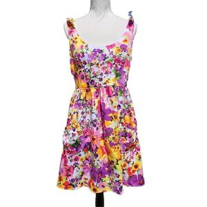 Breakin' Loose Vibrant Floral Faux Tie‎ Shoulder Dress Size 12 Artsy Dopamine